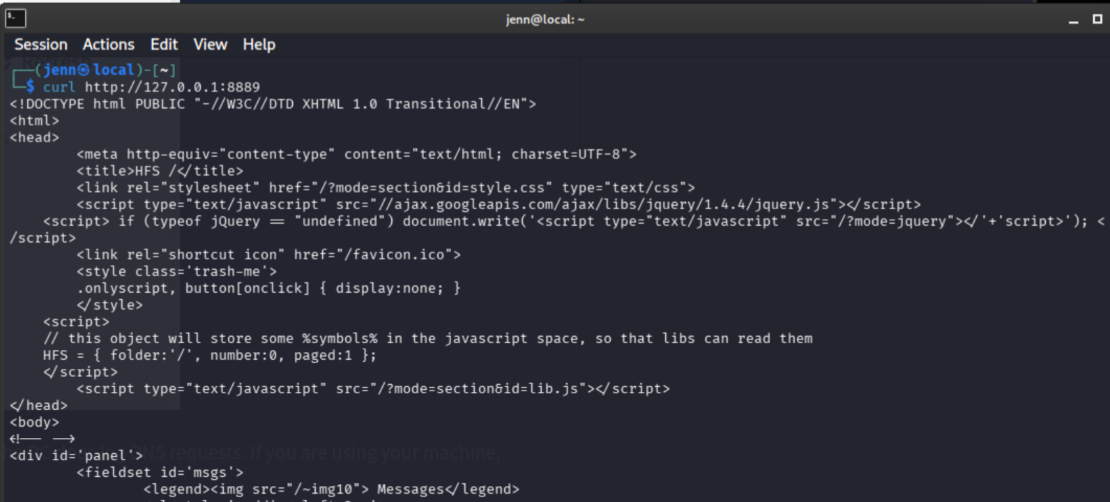 curl returning HFS response through the SSH tunnel confirming THMDC is reachable